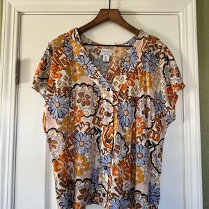100% linen Nicole Miller Multicolor Floral Button-Down Shirt size L
